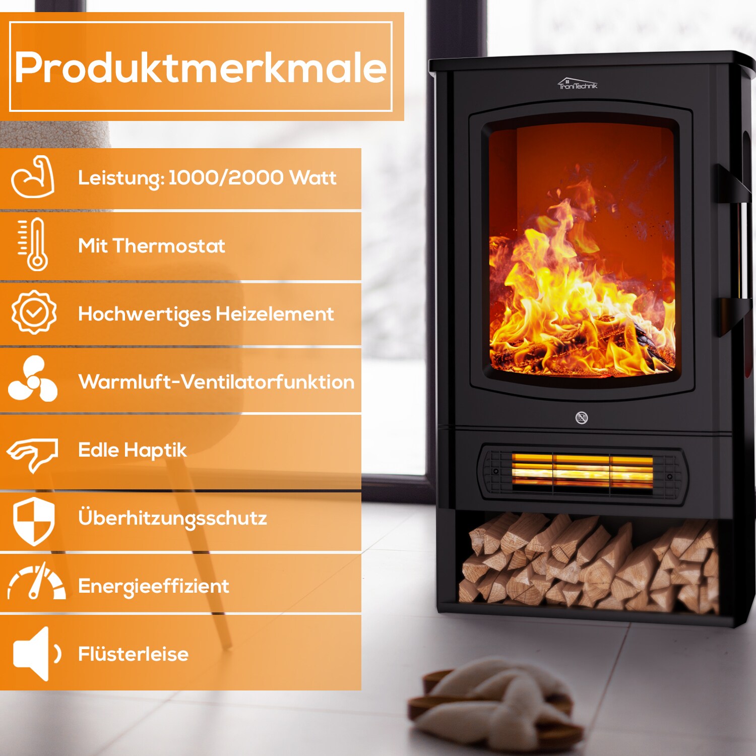 TroniTechnik® Elektrokamin elektrisch - Kaminfeuer mit LED Flammeneffekt, 1kW/2kW Watt,Thermostat,Sichtfenster 2000 Watt