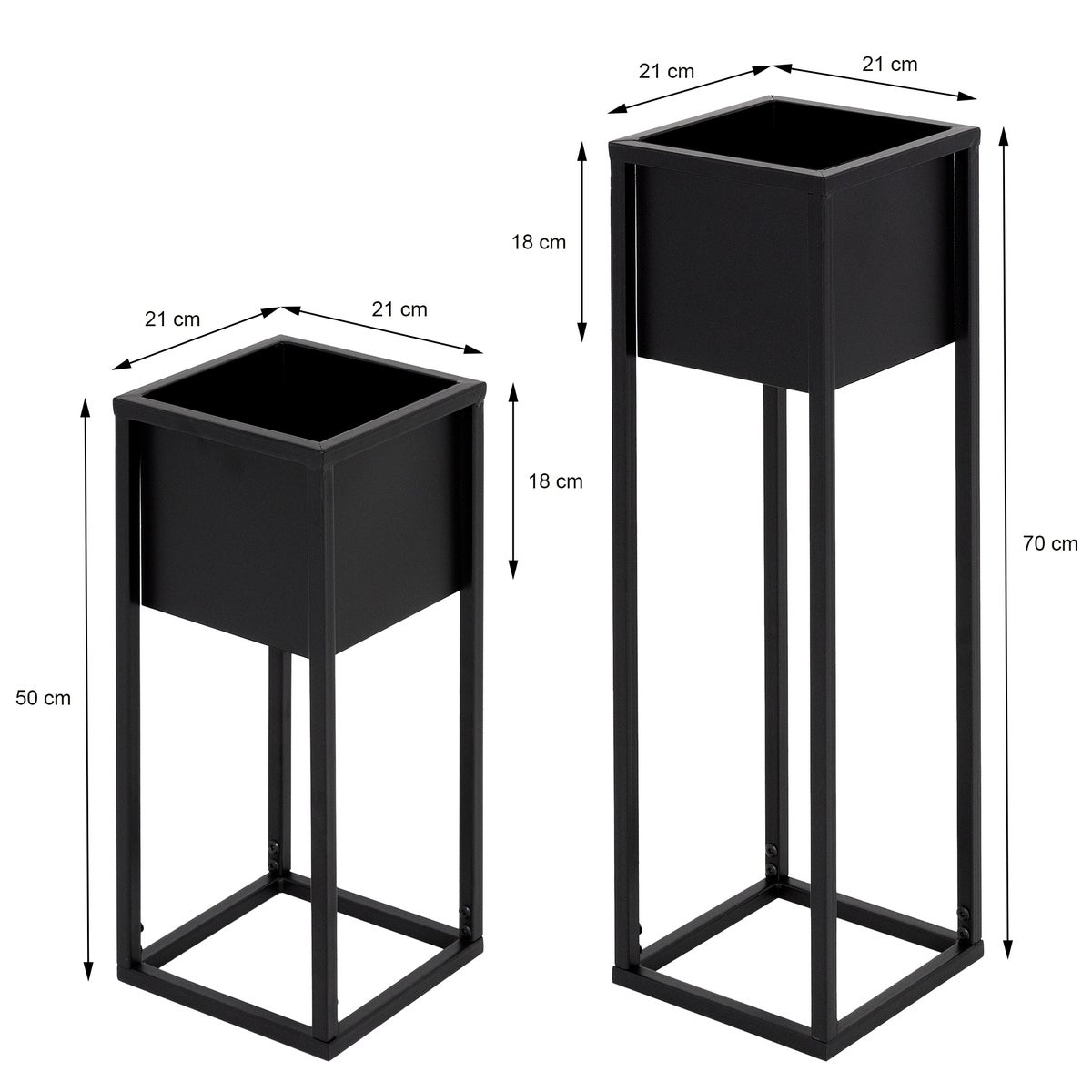 ML-Design Bloemenstandaards, Set van 2, Zwart, 21 x 50/70 x 21 cm, Moderne Bloempotstandaards met Plantenbak, Weerbestendige en Robuuste Metalen Plantenstandaards, 2-delige Bloempothouder, Decoratieve Plantenbak