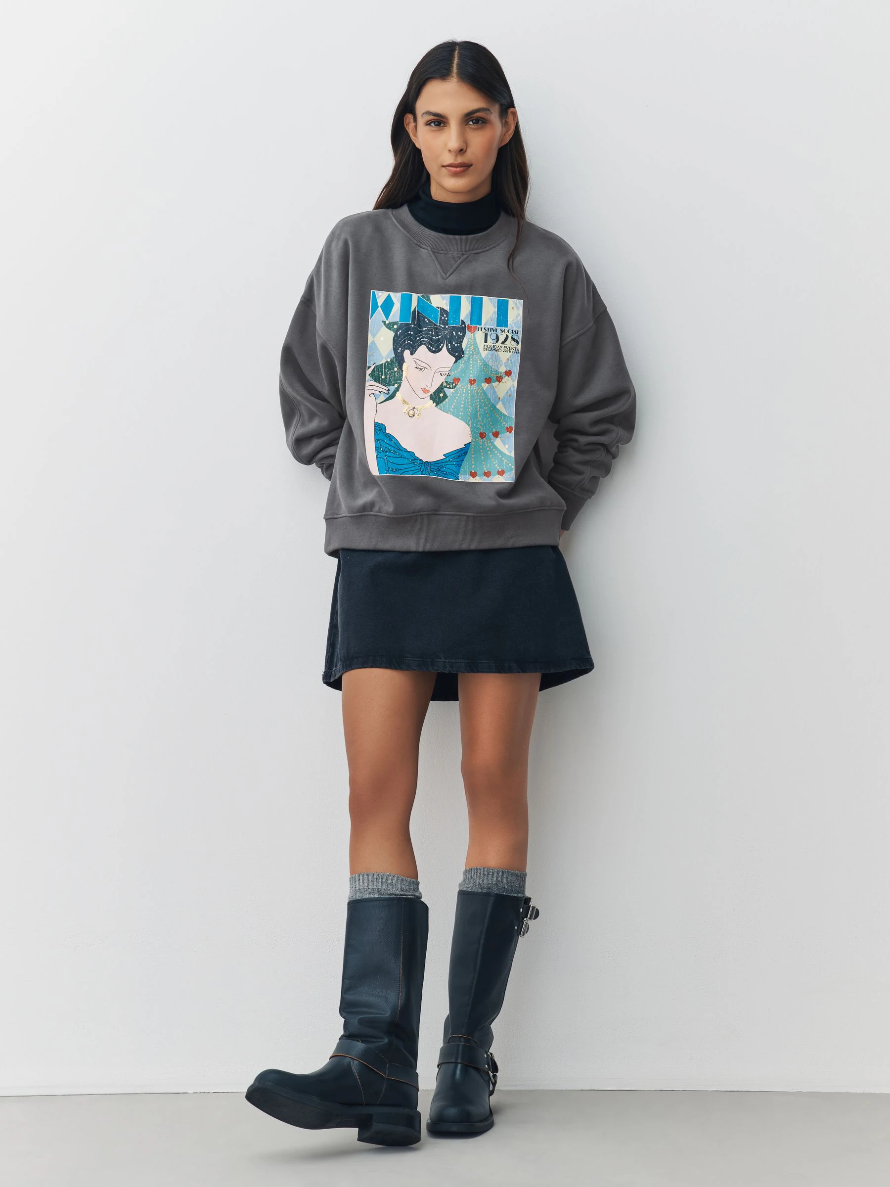 Antraciet - Cotton Rich Kerstmis Seizoensgebonden Grafisch Vintage Magazine Longsleeve Crewneck Sweatshirt met ronde hals