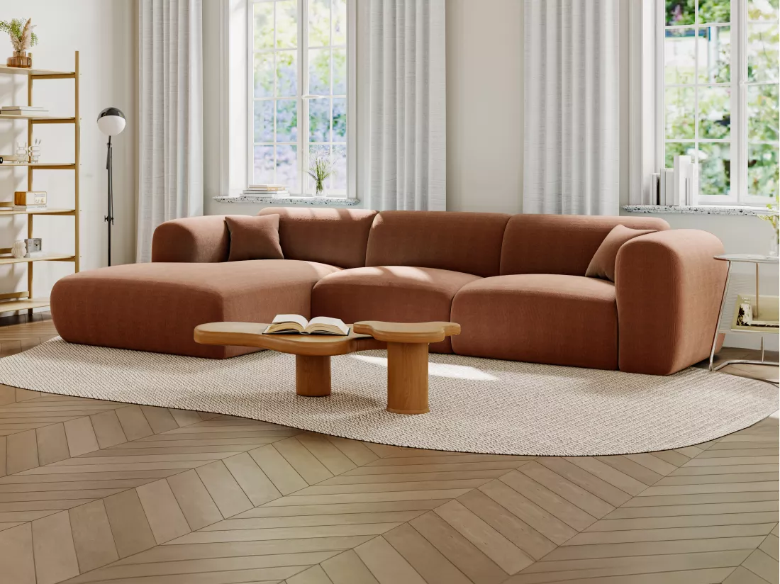 Grand canapé d'angle gauche en tissu texturé terracotta POGNI de Maison Céphy