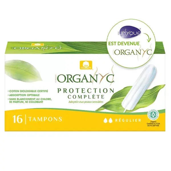 Tampões Organyc sem aplicador, fluxo regular, algodão orgânico, pacote com 16 unidades.