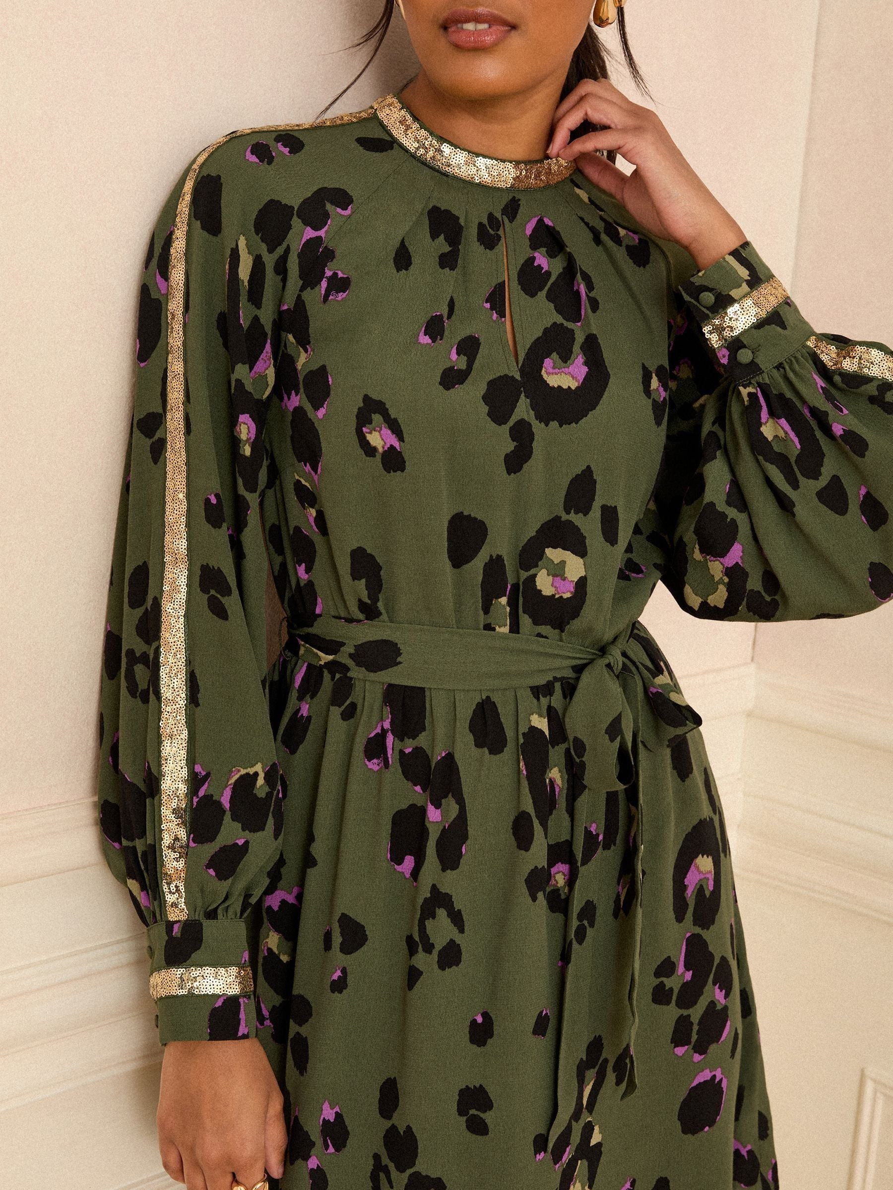 Olijfgroen dierenprint - Love & Roses mini-jurk met lovertjes
