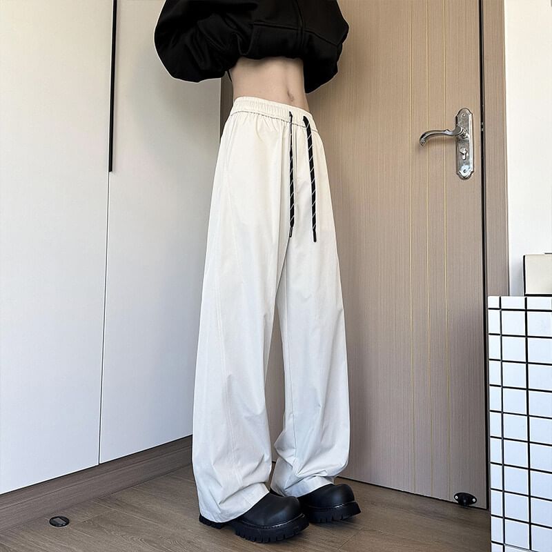Obikan - Effen broek met wijde pijpen en trekkoord in de taille