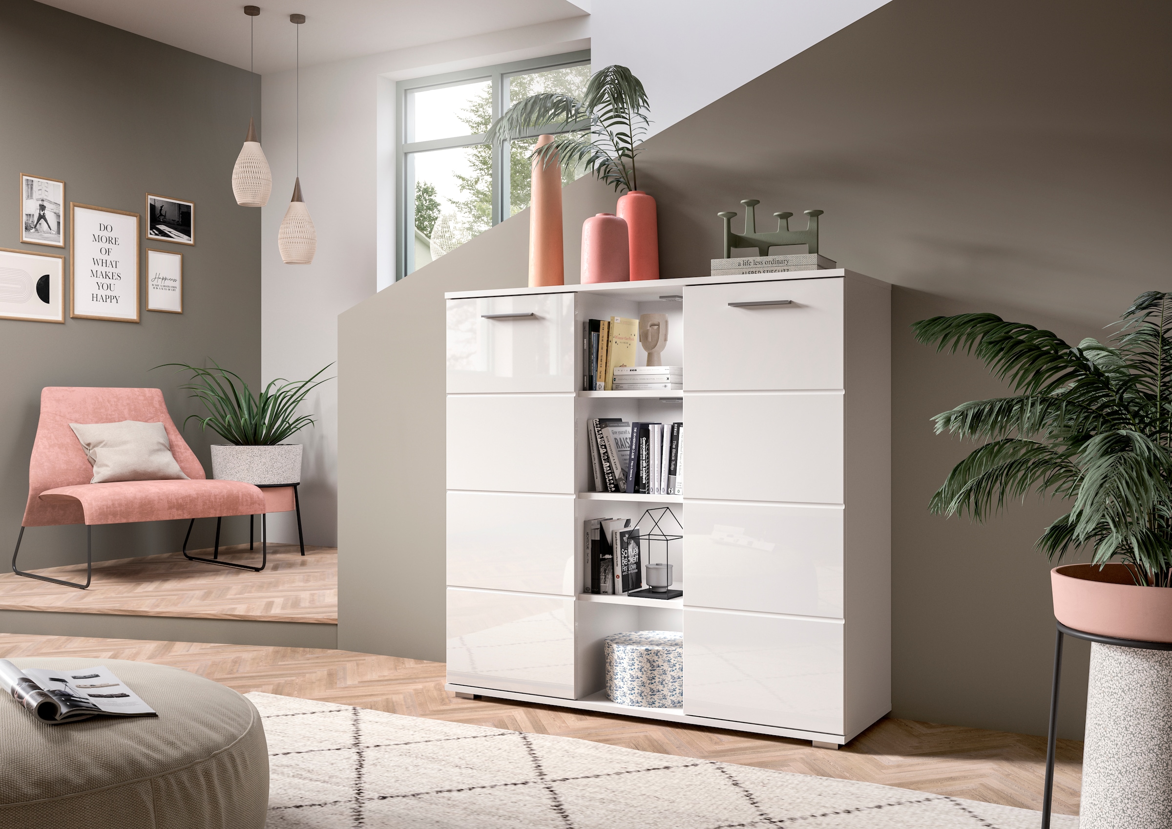 INOSIGN Highboard »Valge, Höhe 108 cm, 2 Türen, 4 verstellbare Böden, 4 offene Fächer« Front-Rillenfräsung, Schuhschrank, Anrichte, Kommode, Sideboard