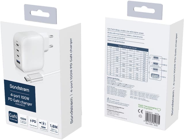 Sandstrøm 100W GaN universal oplader