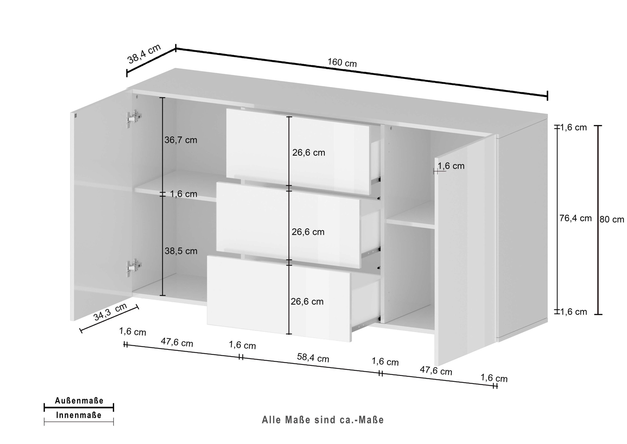 INOSIGN Sideboard »Egypt, Kommode, Schrank, Kredenz,  grifflos« 2 Türen, 3 Schubkästen, kompl. Hochglanz lackiert Breite 160