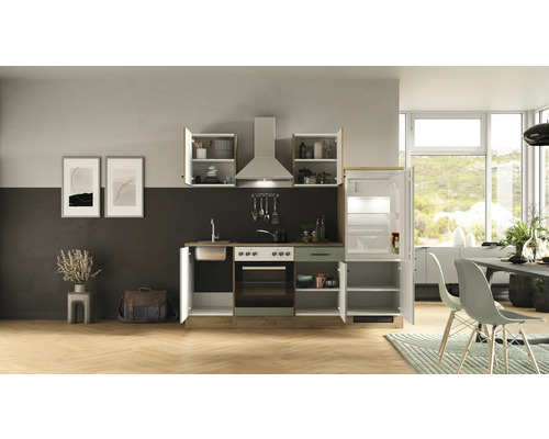 Flex Well keukenblok met apparatuur Cara 220 cm groen eiken mat gedemonteerde variant omkeerbaar 00012750