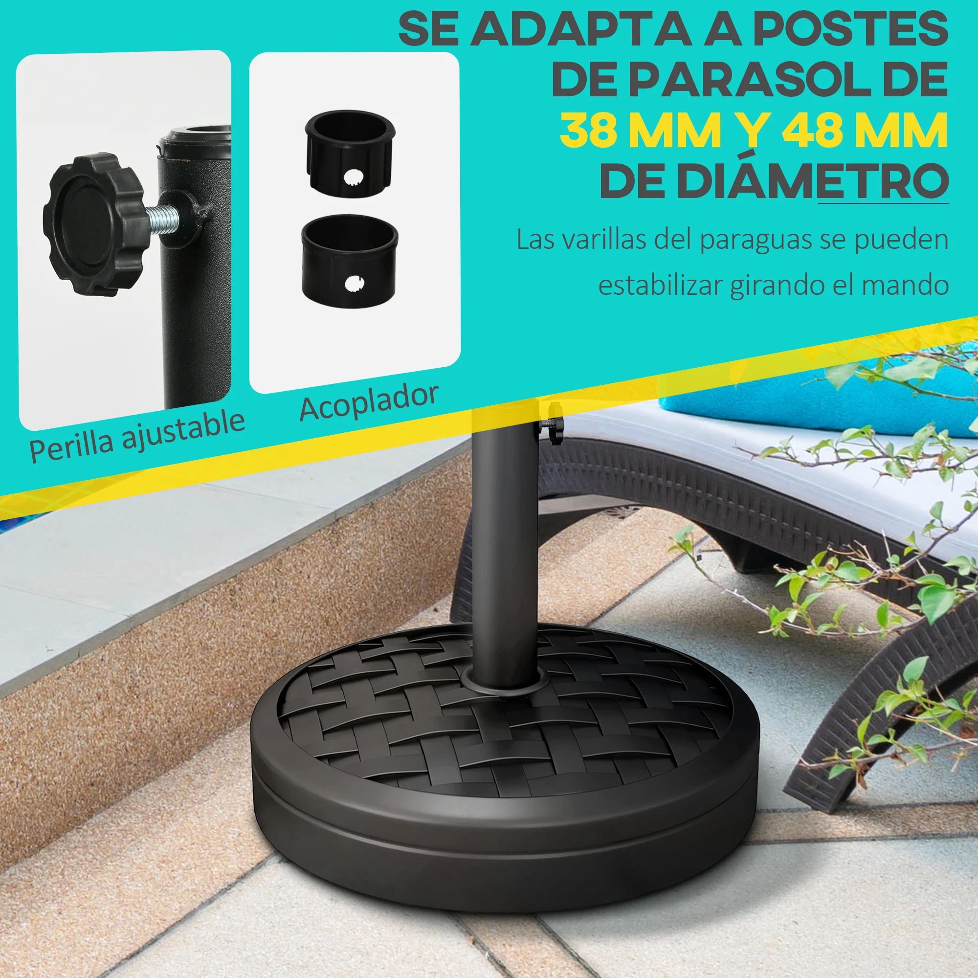 Base redonda para guarda-sol Outsunny, preenchível com cimento, peso 18 kg, para hastes de guarda-sol Ø38/48 mm, Ø45x36 cm, preta