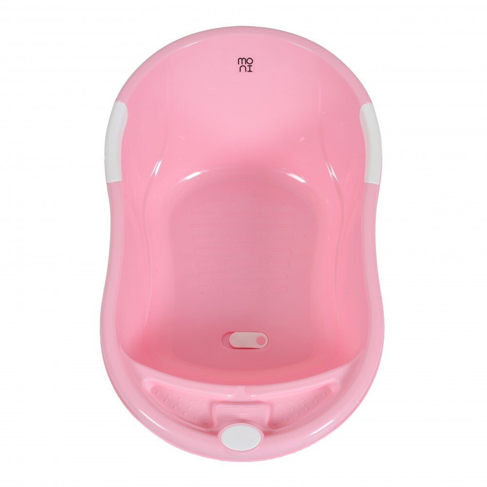 Babybadewanne Lilly platzsparend mit Wasserablauf, Ablagefächer für Zubehör rosa