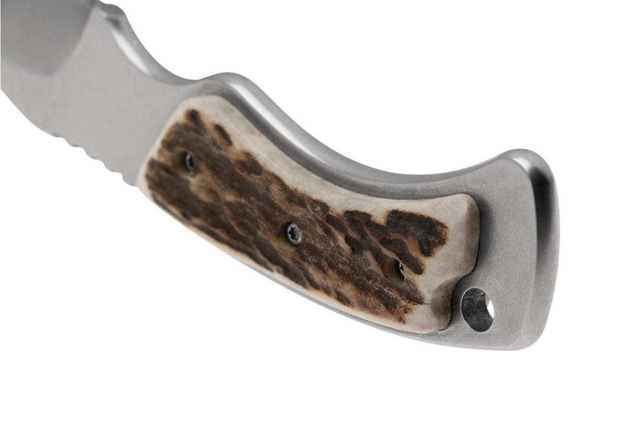 Maserin Mini Trapper 924-CV-2 Stonewashed Elmax, Stag Horn, Leather Sheath Restraining Strap, klein vaststaand jachtmes