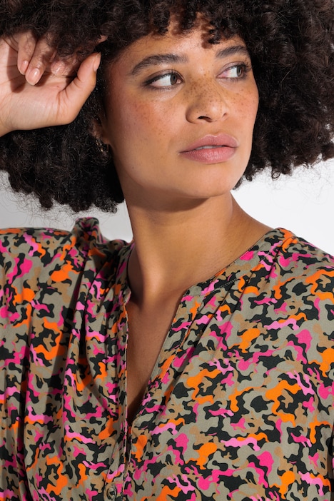 Tunikabluse, A-Linie, Camouflage-Print, Volants