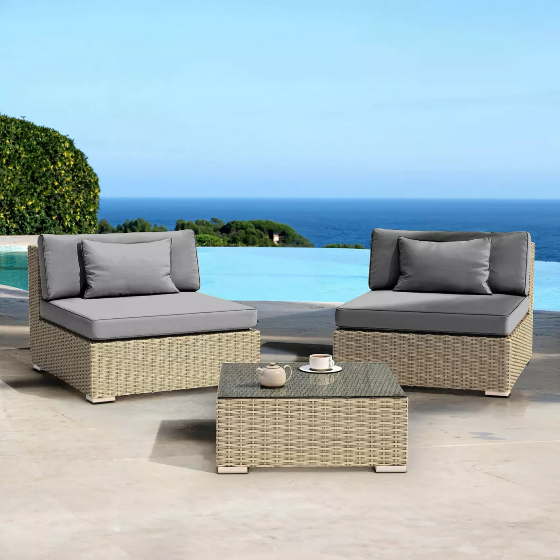 Salon de jardin en résine tressée 2 places 3 pcs Palma Gris et anthracite