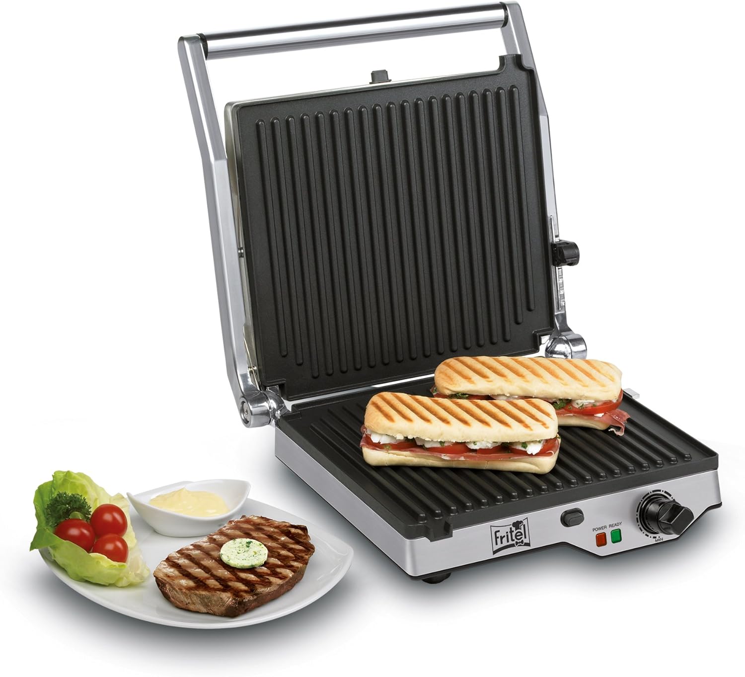 FRITEL Grill/Panini/BBQ GR 2275 – Sandwichtoaster & BBQ in 1 – 29 x 26 cm – 2000 W – Herausnehmbare Platten – 180° aufklappbar
