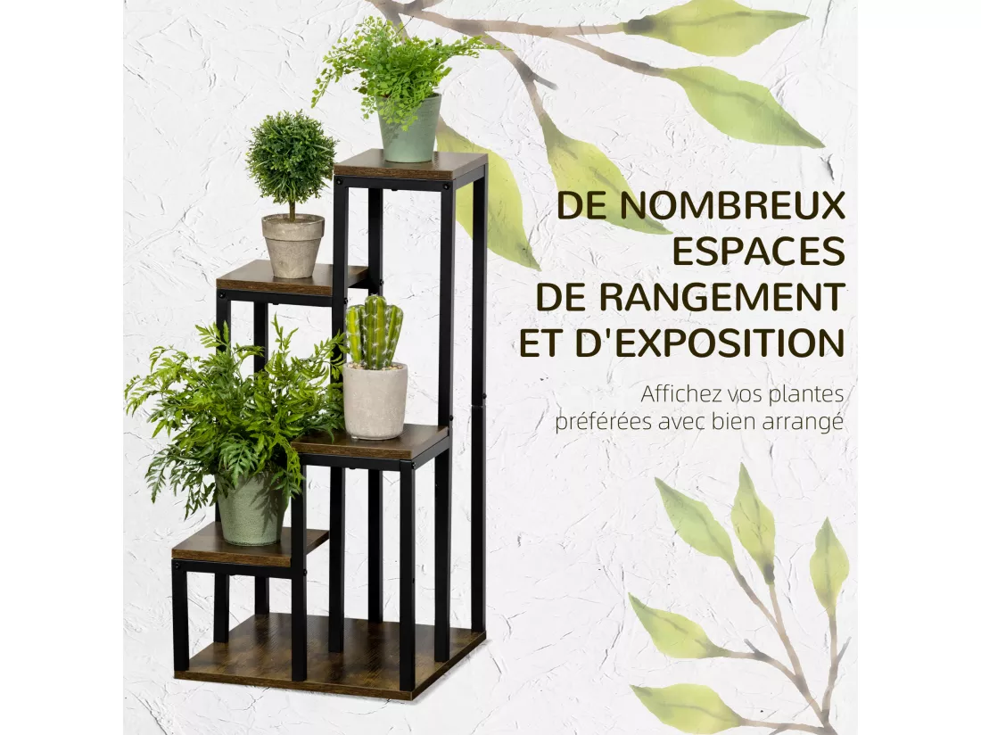 Support à fleurs style industriel 5 niveaux - porte plante 4 étagères - acier époxy noir aspect bois foncé