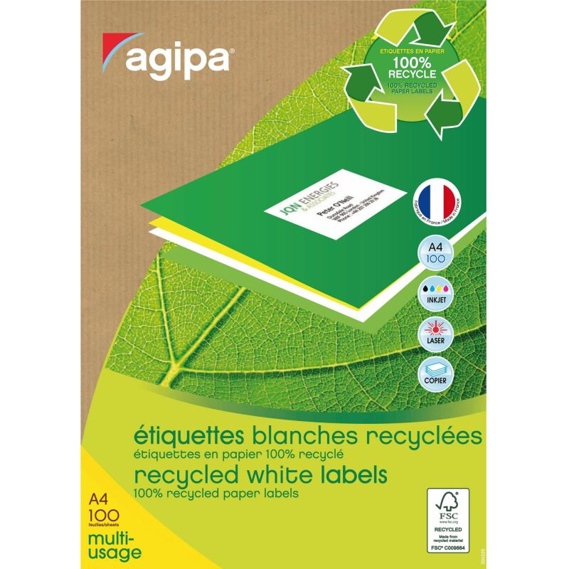 Etiquette adresse jet d'encre et laser recyclée 70 x 35 mm Agipa 101186 blanche - Boîte de 2400