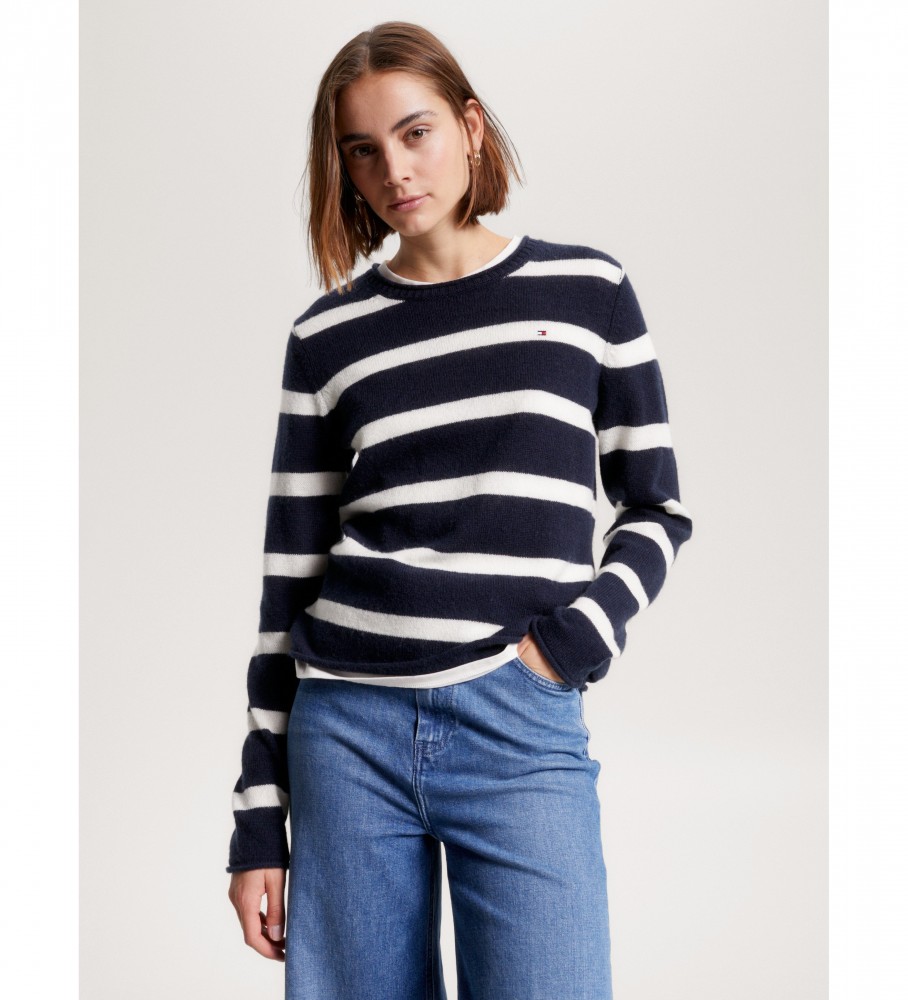 Suéter Tommy Hilfiger azul-marinho de lã com gola redonda
