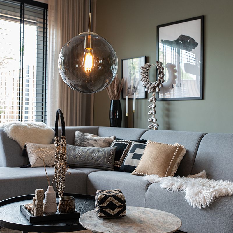 Moderne hanglamp messing met smoke glas 30 cm - Ball