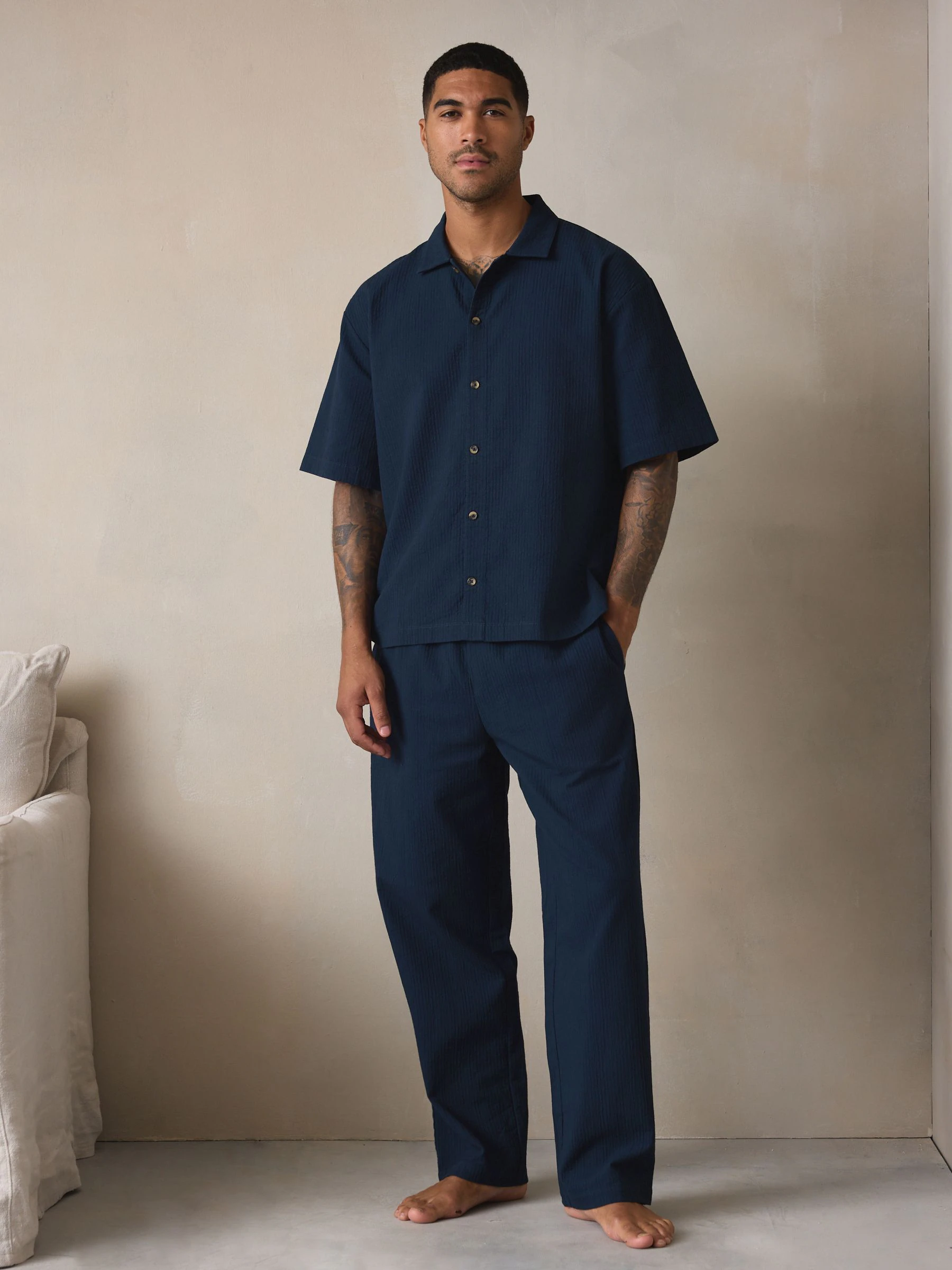Donkerblauw - Stripe Short Sleeve Button Through Pyjamas Set