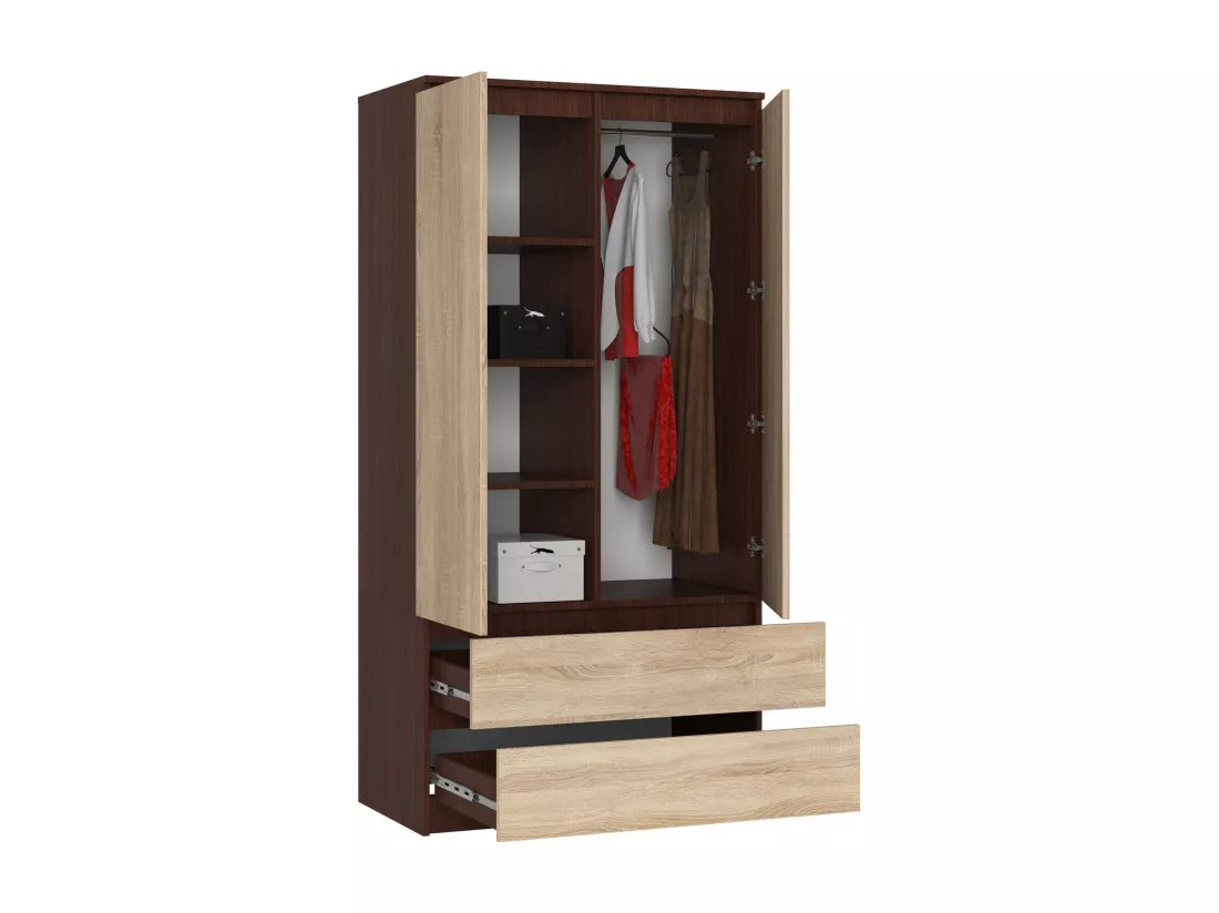 Armoire AKORD S90 Wengé 90 cm 2 portes 2 tiroirs façade Chêne Sonoma 4 étagères 90x51x180 cm