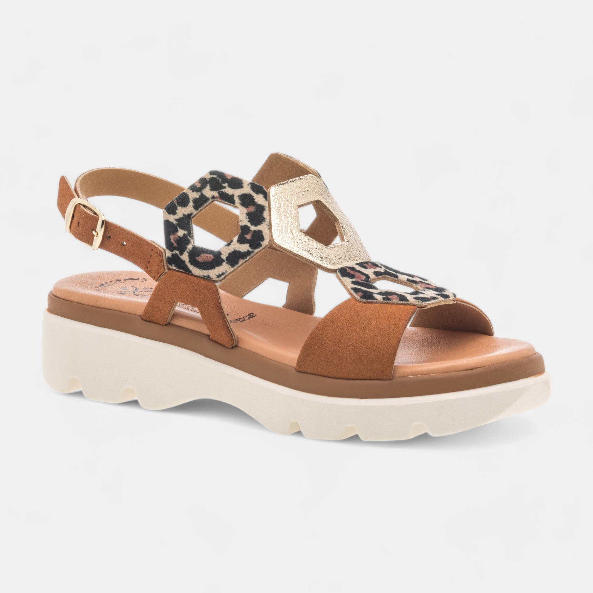 Nu-pieds à talon compensé Femme en cuir cognac