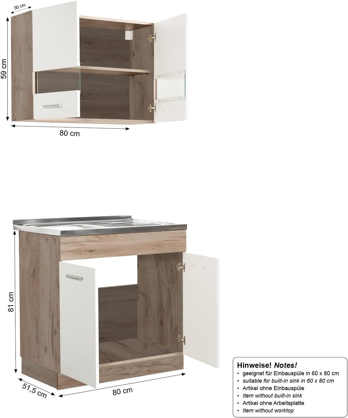 Homestyle4u 2323, Küche Küchenzeile Küchenblock Eiche Holz Weiß Einbauküche Single Küchen Schränke 80 cm