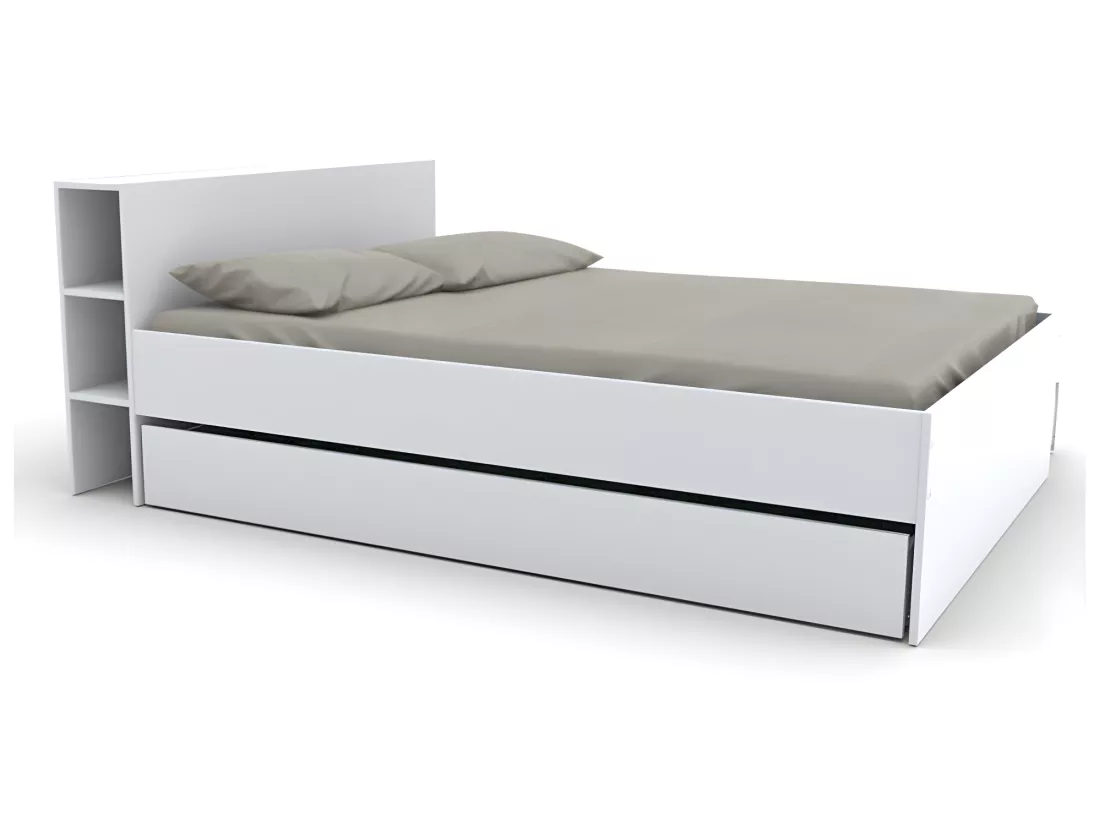 Lit avec tête de lit rangements et tiroirs 140 x 190 cm - Blanc + Sommier - EUGENE
