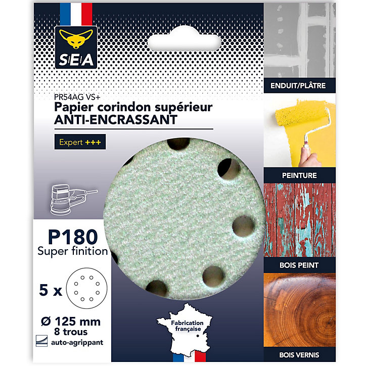 Papier abrasif corindon ø125 mm grain 180 anti-encrassement, lot de 5
