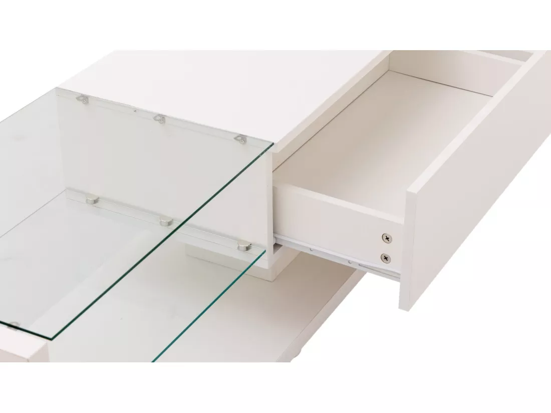 Meuble TV 2 tiroirs et 2 étagères en verre, panneaux bas, avec LED variable, charge max 50kg, 170x36x38cm, Blanc