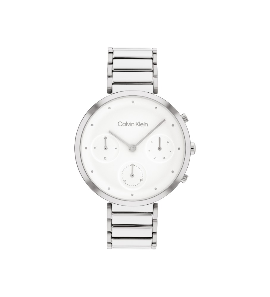 Relógio analógico minimalista com fecho em T da Calvin Klein, branco.