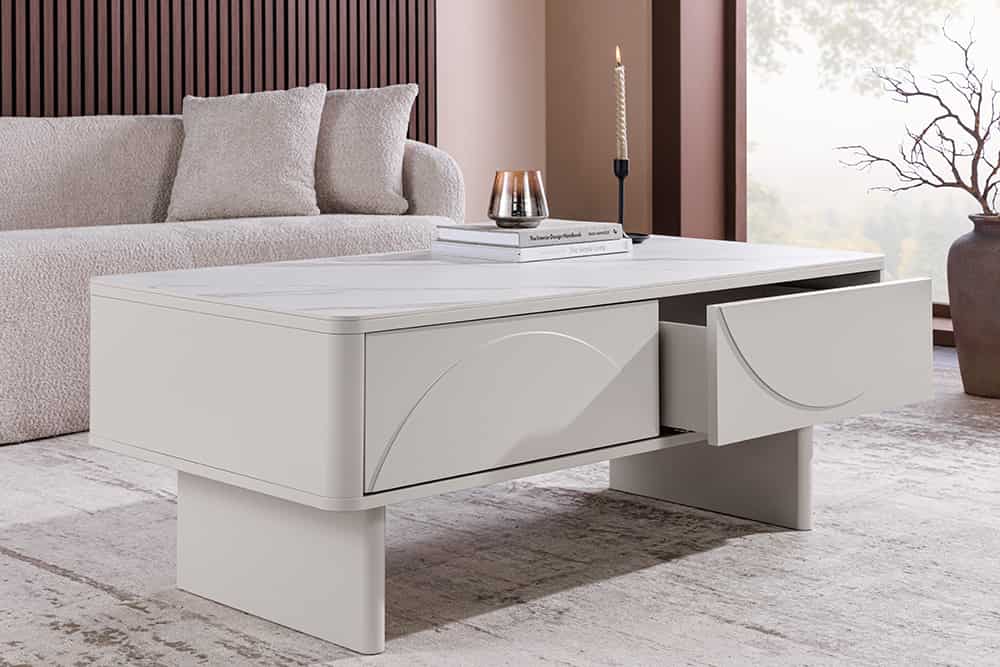 Design Couchtisch SAVOY 120cm kaschmir weiß Keramik Marmor mit Schubladen