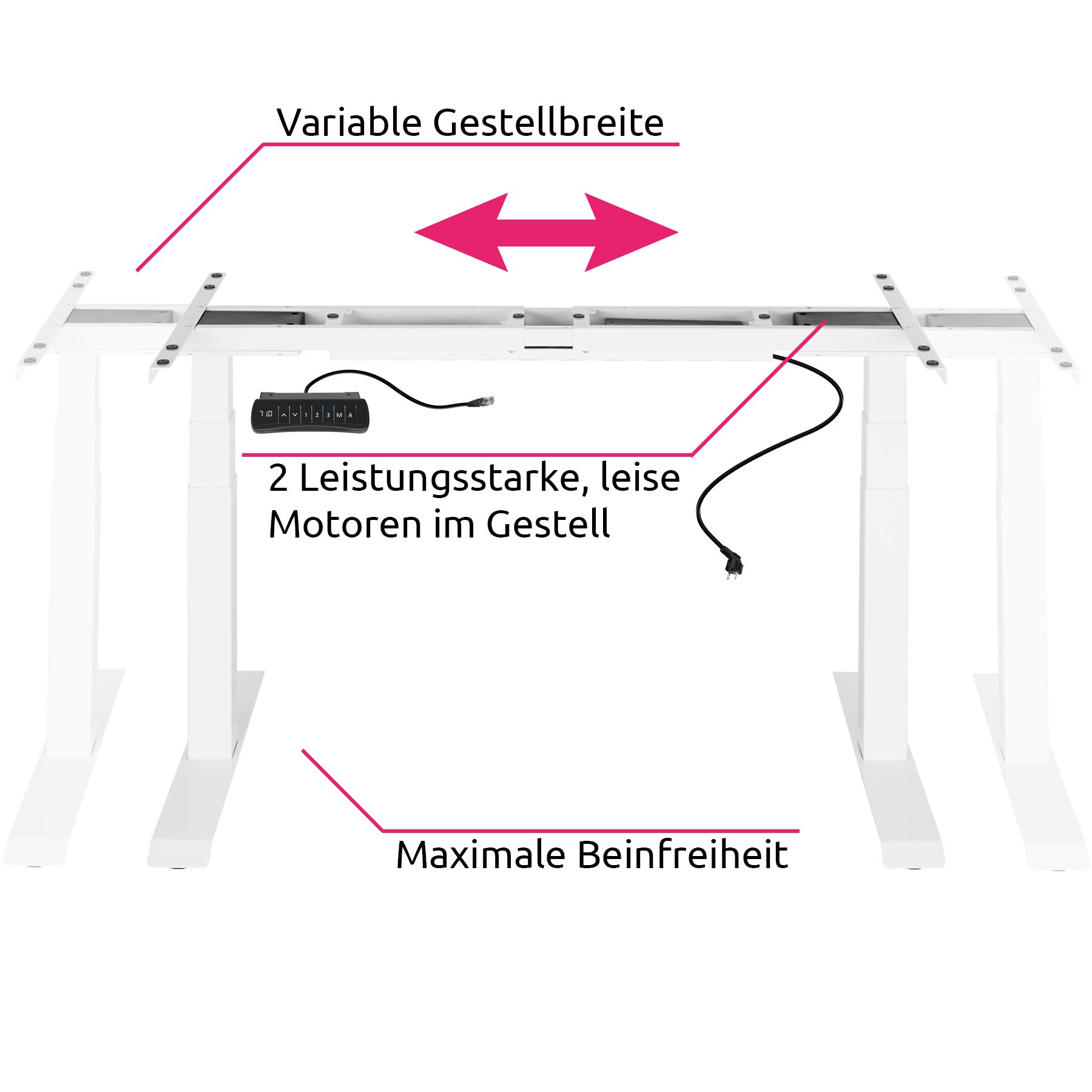 tectake® Tischgestell, elektrisch höhenverstellbar mit 2 Motoren, breitenverstellbar, 110 - 190 x 68 x 58 - 123 cm
