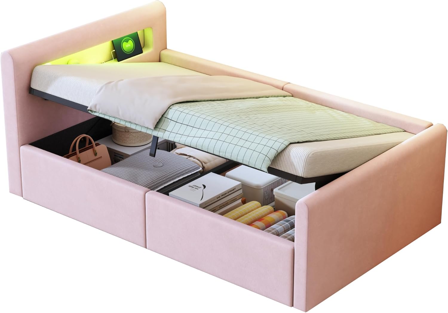 okwish Polsterbett Kinderbett 90x200 cm, Jugendbett mit hydraulischem Stauraum, LED Nachtlicht & USB-Anschluss, Samtstoff, Rosa, ohne Matratze