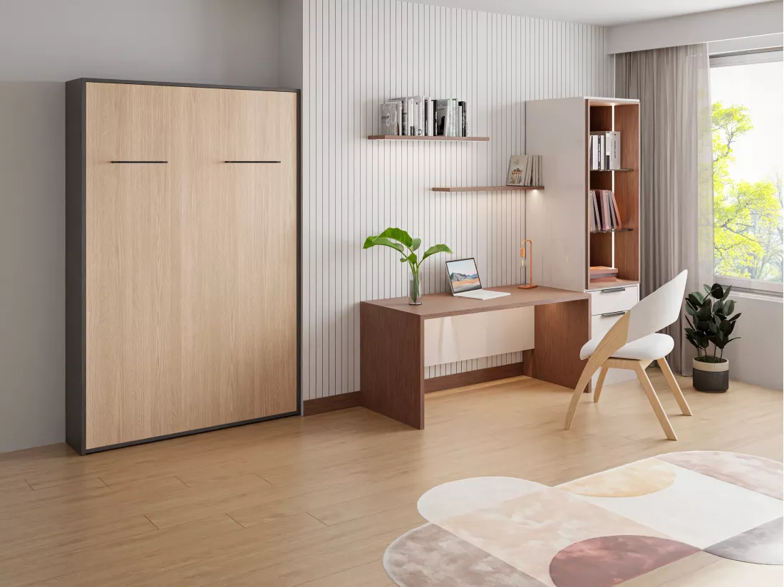 Lit escamotable 140 x 200 cm - Ouverture verticale manuelle - Coloris : Naturel et anthracite - MALINA II