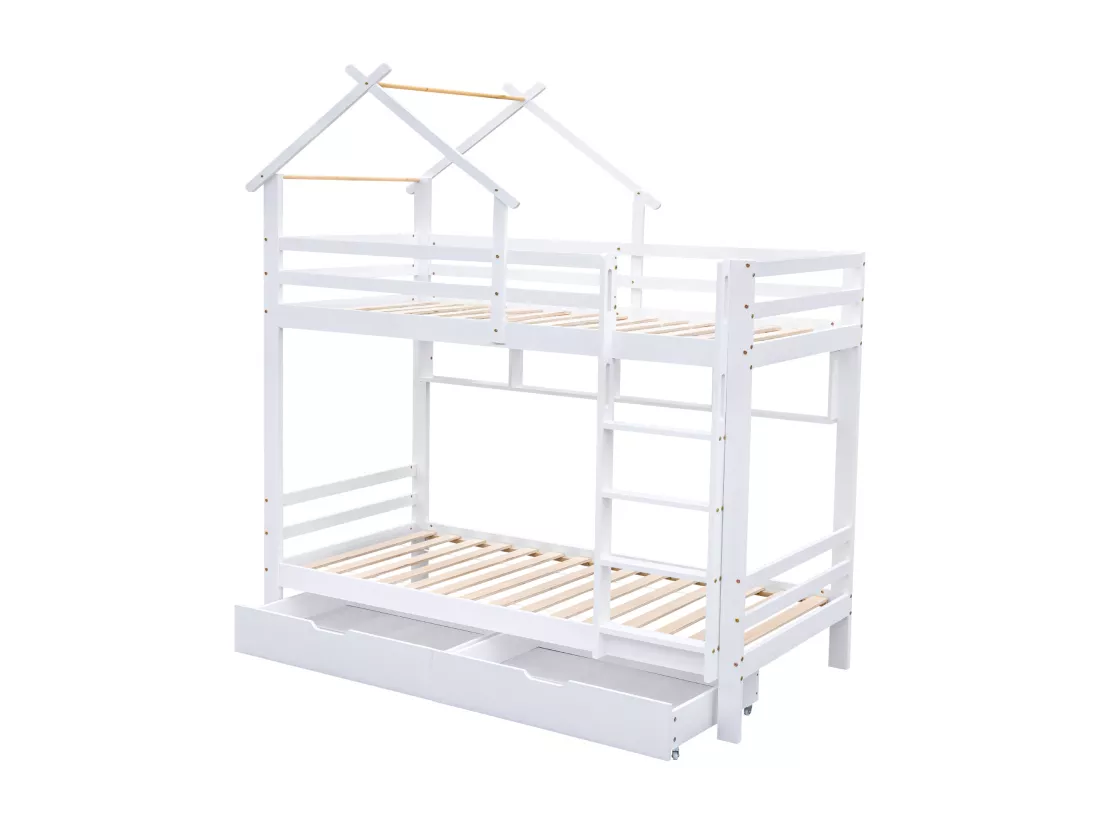 Lit superposé cabane 90x200cm en pin massif avec tiroirs et étagères + sommiers à lattes - Blanc