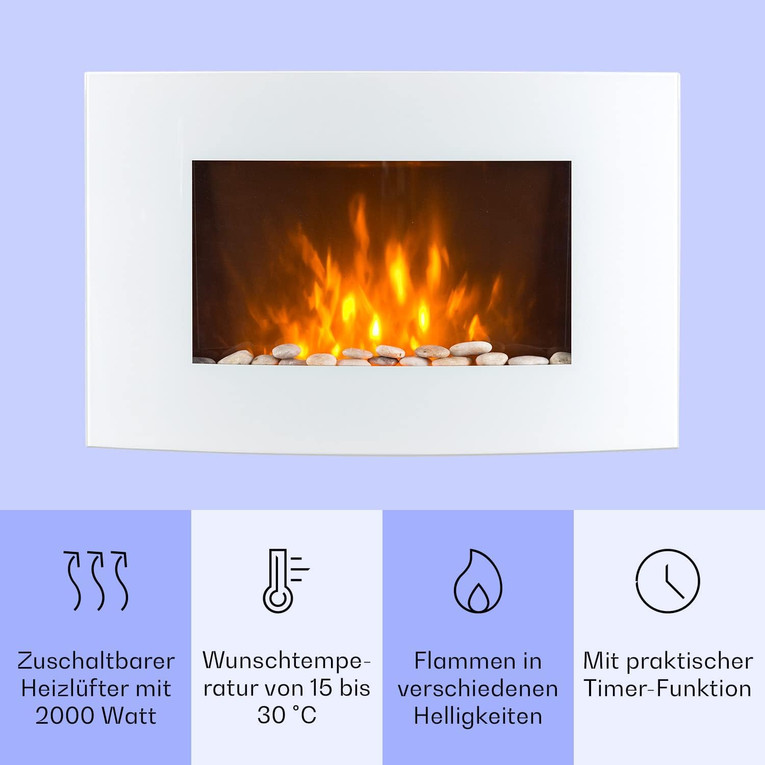 KLARSTEIN Elektrischer Kamin für den Innenbereich, elektrische Heizung mit 2000 W, künstlicher Wandkamin mit Flammeneffekt aus LED, Fernbedienung inklusive, programmierbar, Timer, Thermostat