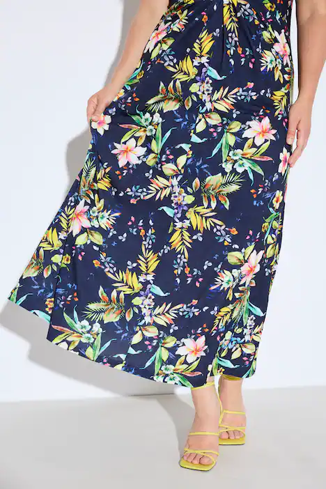 Jersey-Maxikleid, Blütenmuster, Drapierung, marine