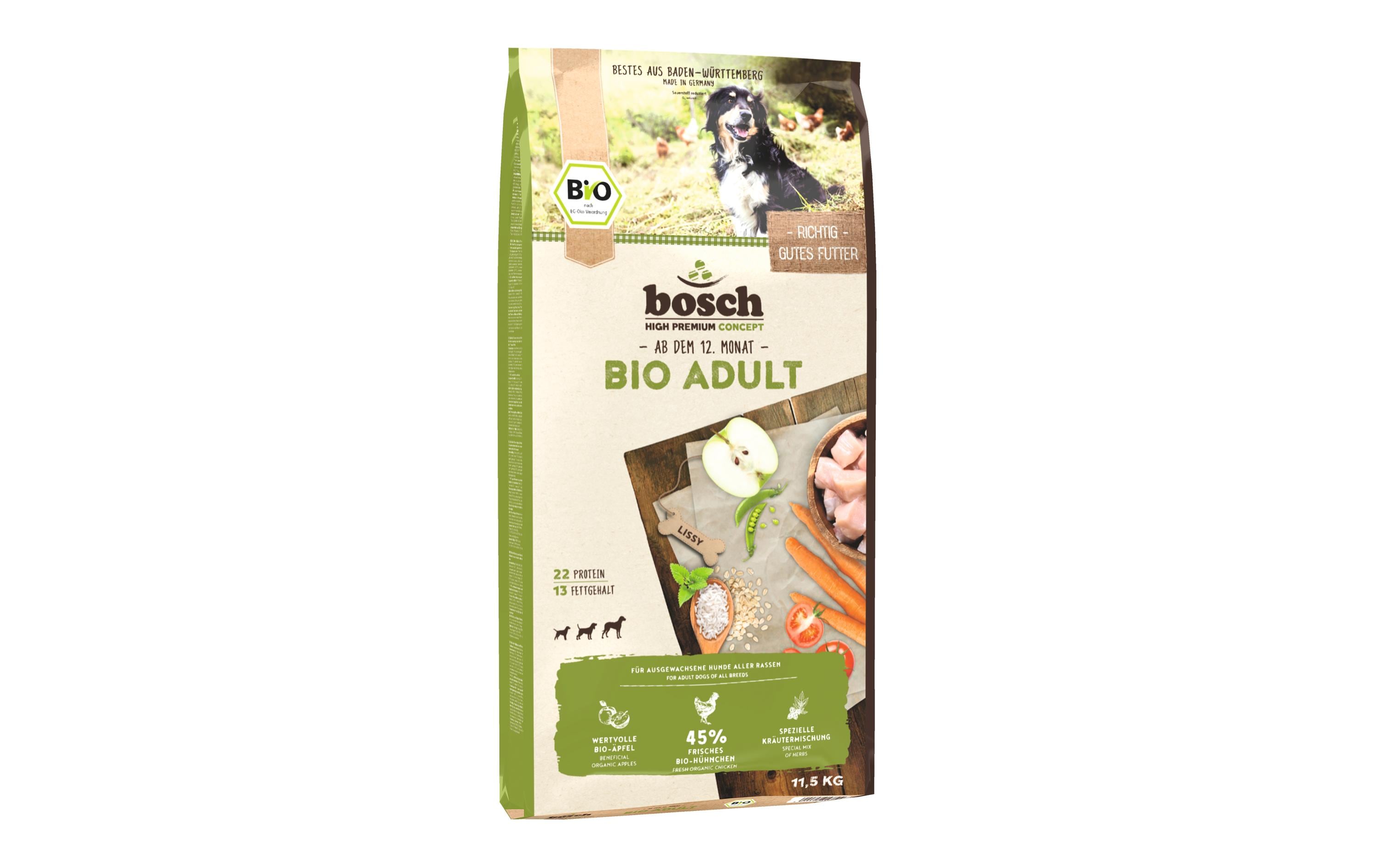 Trockenfutter Bio Adult Huhn & Apfel, 11.5 kgAlleinfuttermittel Bio für ausgewachsene Hunde
