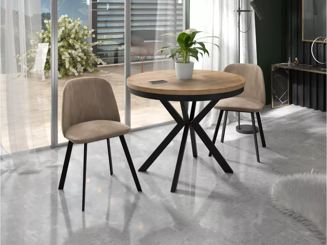 Table à Manger Extensible Ronde - Table Style Loft Avec Pieds En Métal - 90 à 170 Cm - Table Ronde Style Industriel Pour Le Salon - Compacte - Chêne Craft/noir - 90