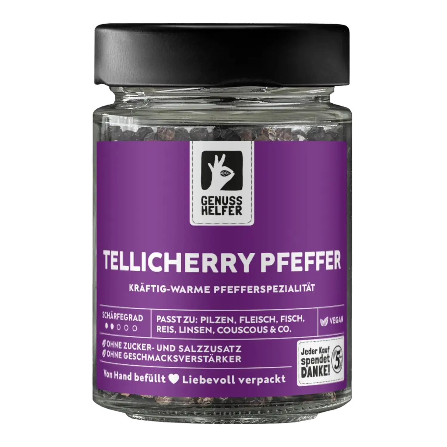Tellicherry Pfeffer, ganz, im Glas