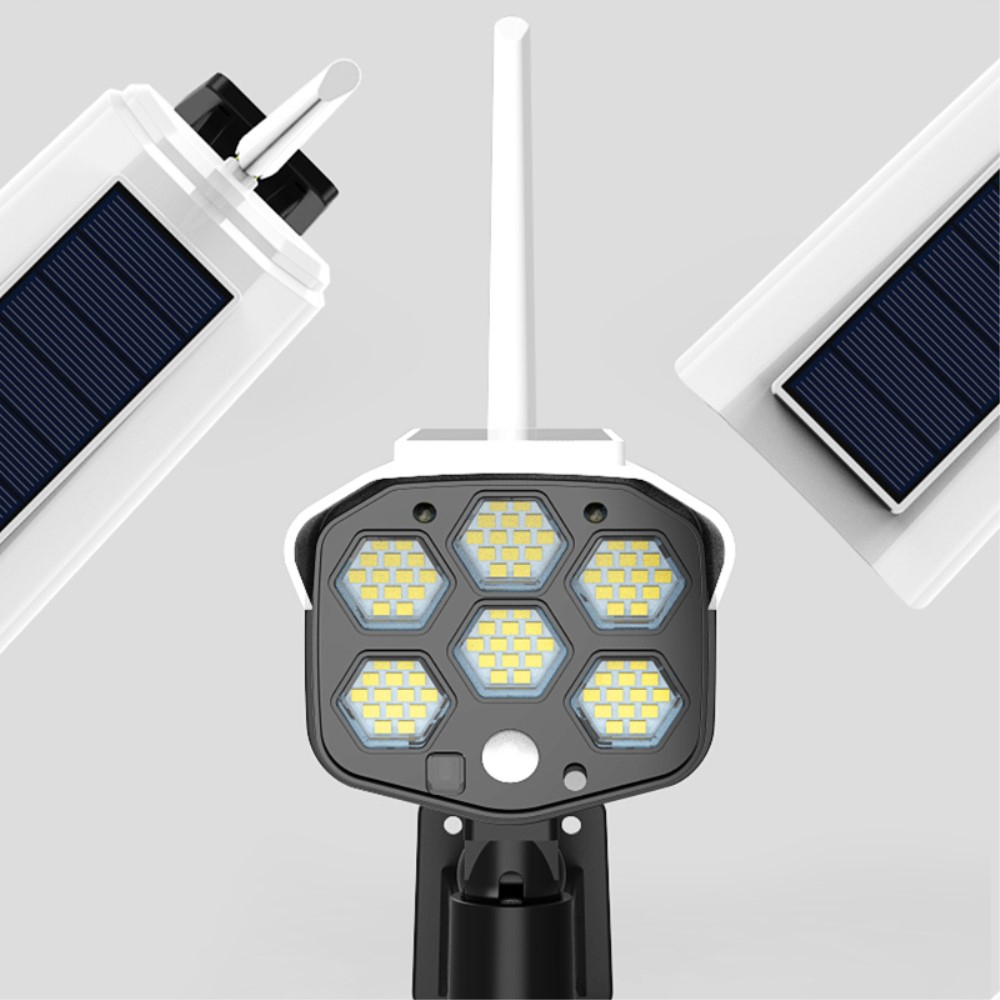 Dummy Outdoor Solar Sicherheitskamera Überwachungskamera Attrappe mit LED Beleuchtung und Fernbedienung inkl. Wandhalterung (IP66) - Weiss
