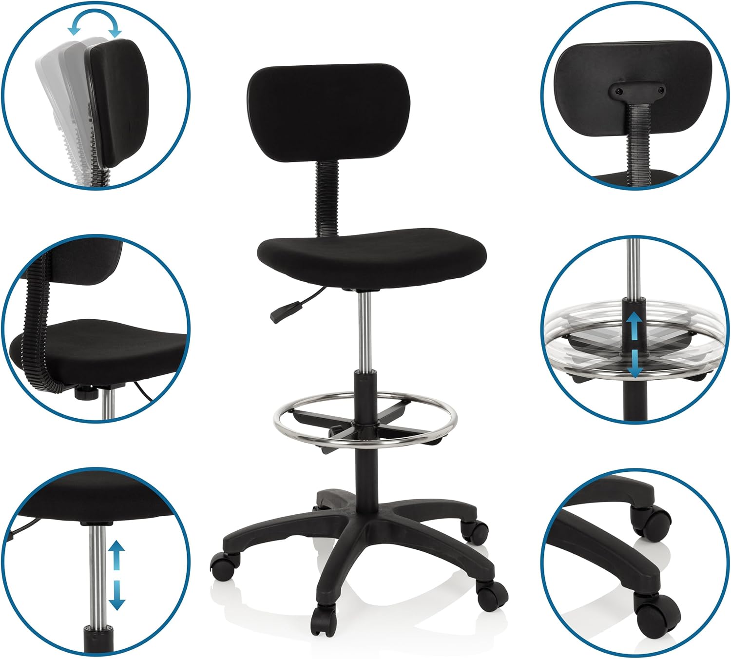 hjh OFFICE 671004 Arbeitsstuhl mit Fußring TOP Work 05 Stoff Schwarz Counterstuhl Drehstuhl mit Rollen, höhenverstellbar