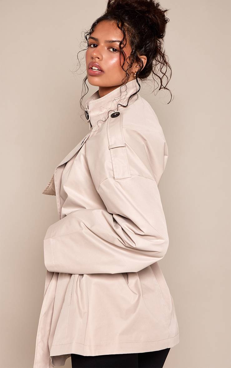 Beige Trench-coat Midi Col Montant Avec Ceinture À Nouer À La Taille