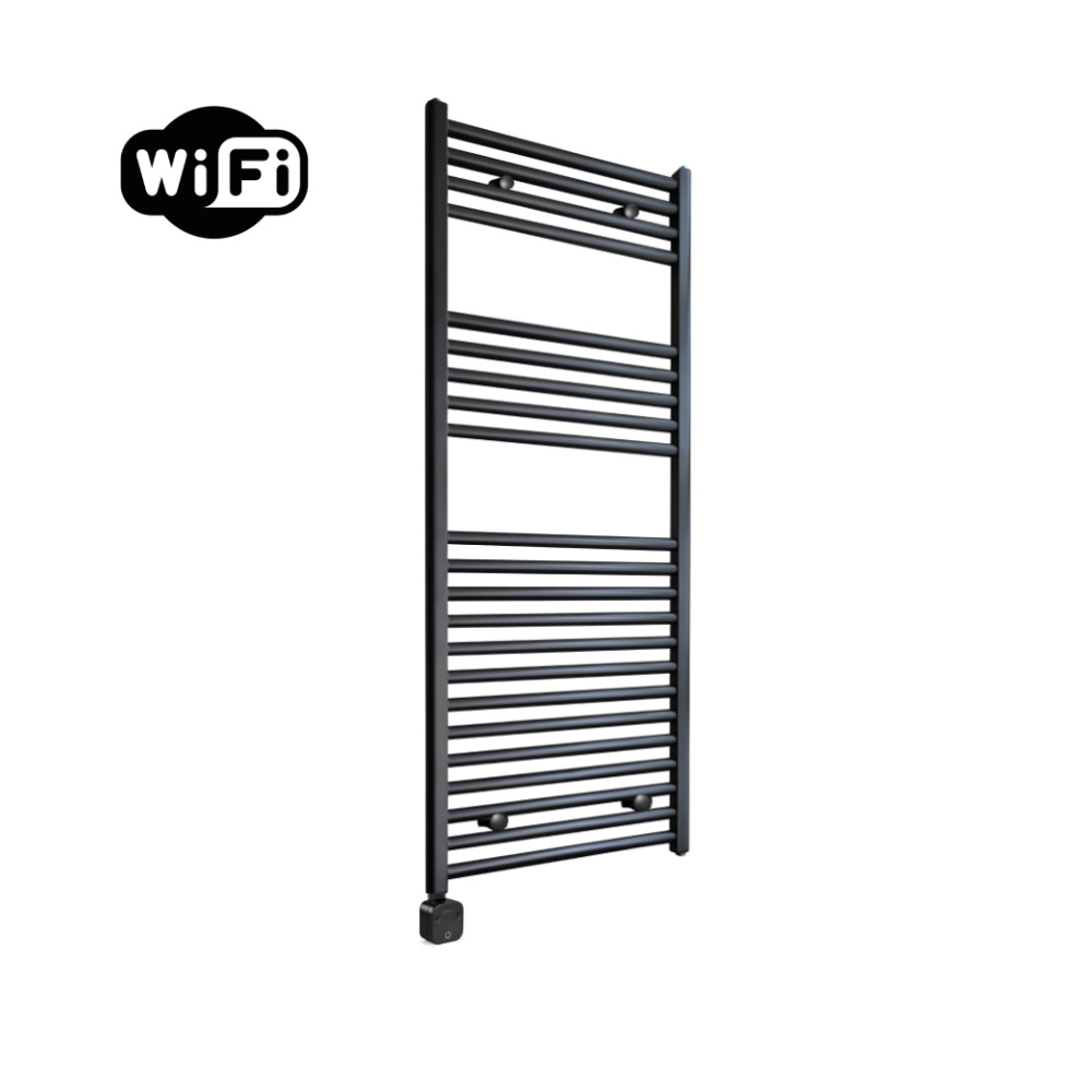 Sanicare Carini elektrische Wifi radiator 112x60cm mat zwart met thermostaat zwart linksonder