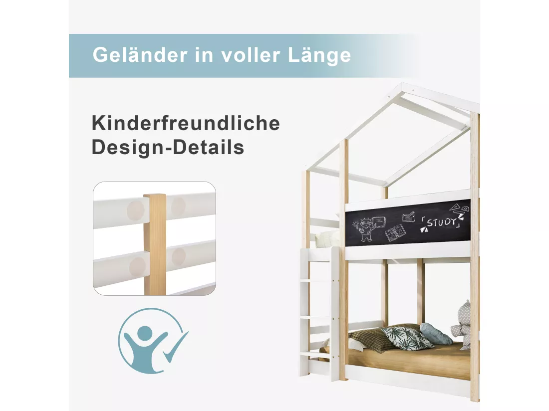 Lit superposé cabane - 2 x 90 x 200 cm - pin et MDF - toboggan, échelle et sommier à lattes - coloris: naturel et blanc