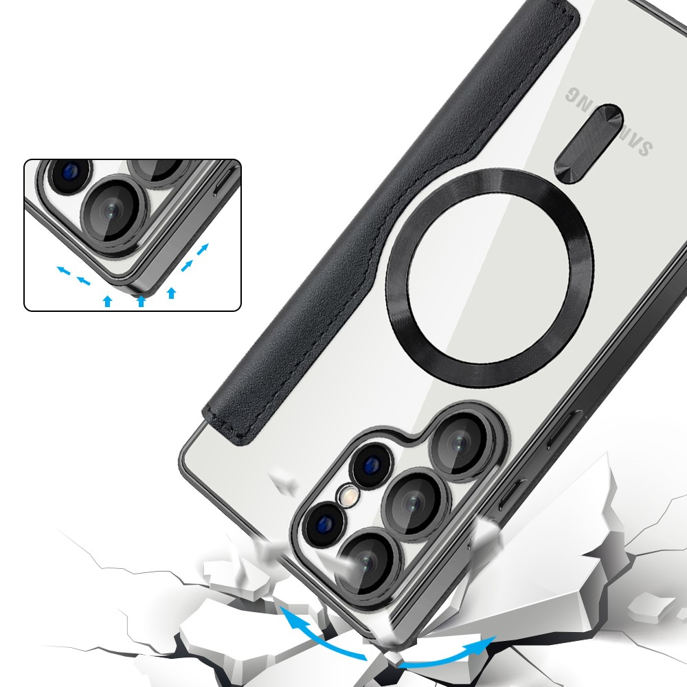 Samsung Galaxy S25 Ultra Hybrid Leder Tasche   Kunststoff Rückseite MagSafe-Modul mit Steppmuster (RFID Schutz) - Schwarz / Transparent