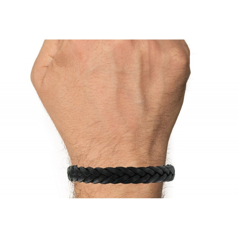 Bracelet Homme Cuir Marron Foncé Tréssé Plat Fermoir Acier Inoxydable - taille 18 cm