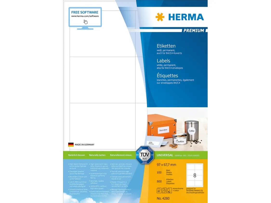 HERMA Premium - Papir - mat - permanent selvklæbende - hvid - 97 x 67.7 mm 800 etikette(r) (100 ark x 8) laminerede etiketter