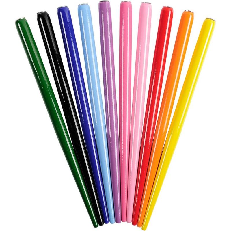 Porte-plume de couleur unie en bois laqué, couleurs assorties, en boite présentoir.
