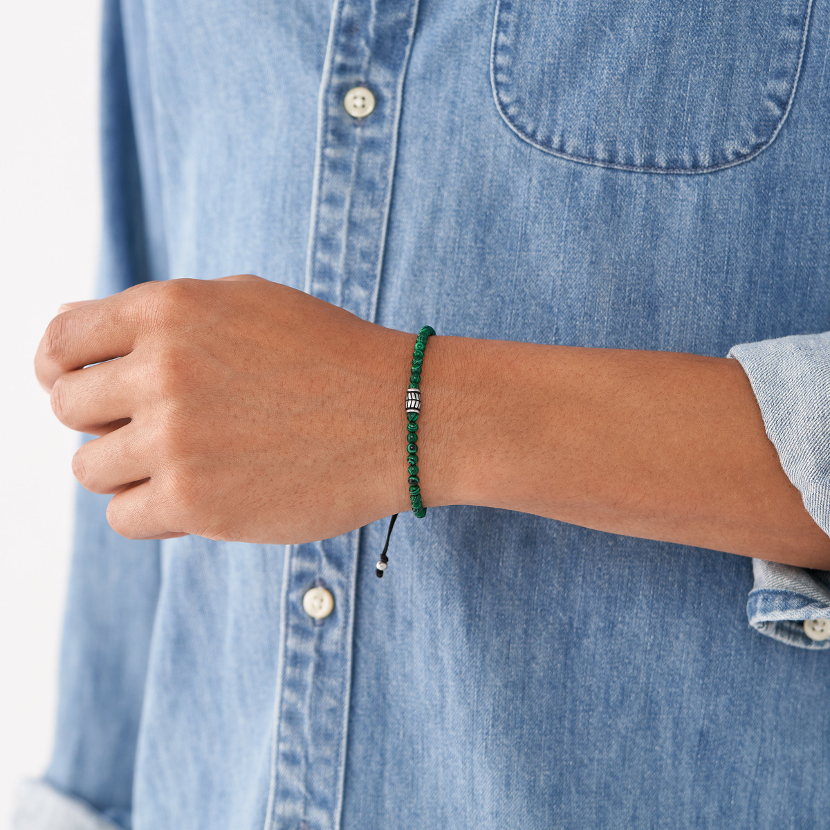 Bracelet FOSSIL acier inoxydable cordon noir malachites