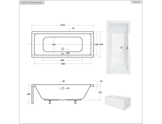 OTITEC - Baignoire rectangulaire - 180 x 80 cm - sans habillage - ave...